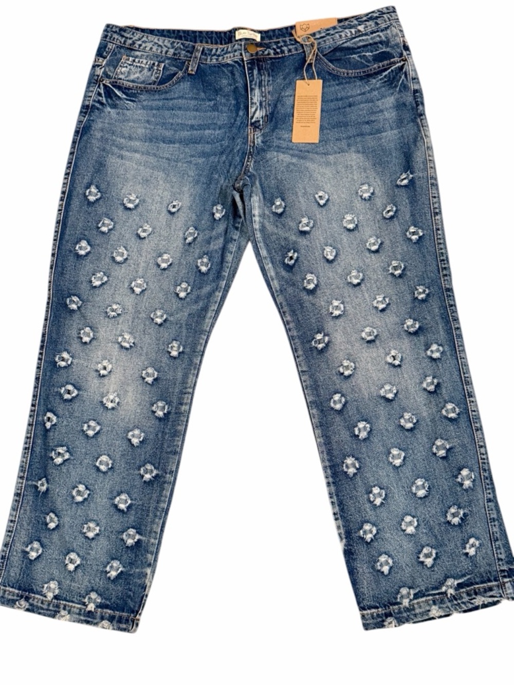 Blue Turtle Distressed Cropped Jeans Size 20 Floral Frayed Denim NWT
